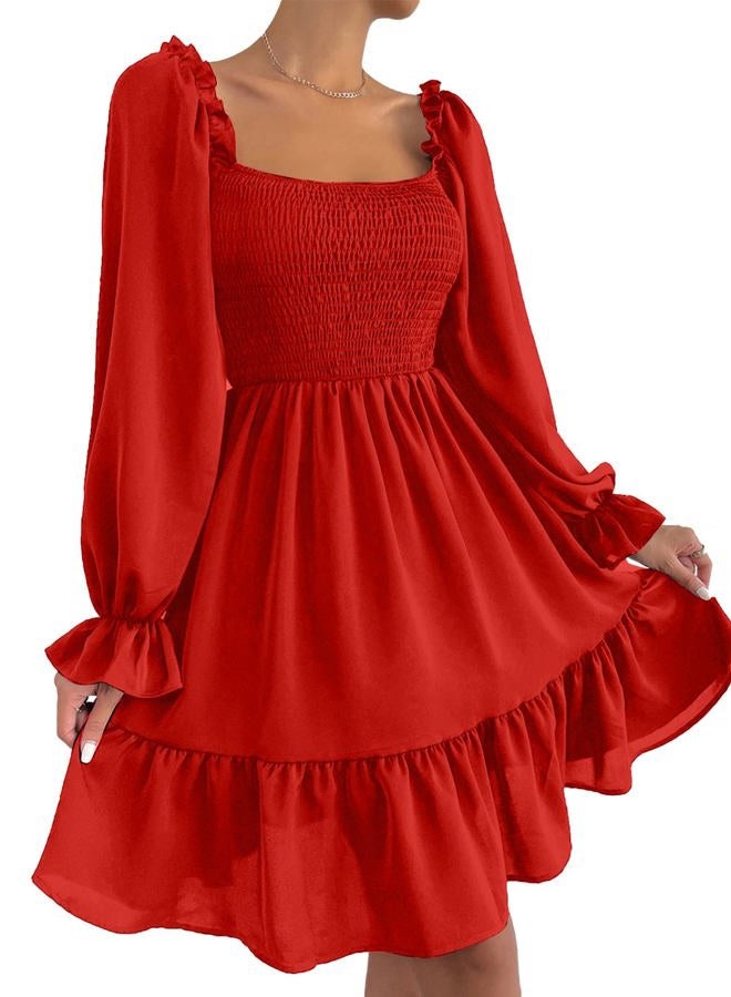 Ekaliy Women's Square Neck Puff Sleeve Dress Smocked Casual A Line Swing Flowy Ruffle Hem Babydoll Mini Dress, Red, S - Image 1