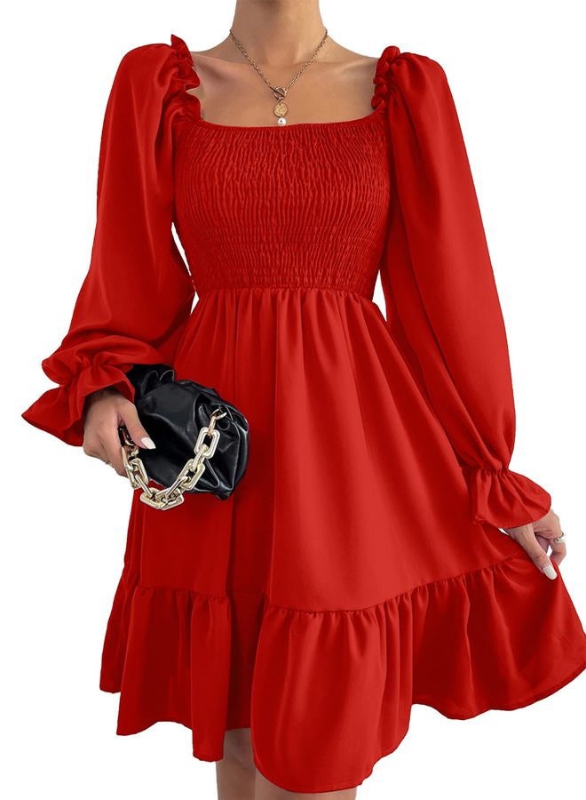 Ekaliy Women's Square Neck Puff Sleeve Dress Smocked Casual A Line Swing Flowy Ruffle Hem Babydoll Mini Dress, Red, S - Image 2