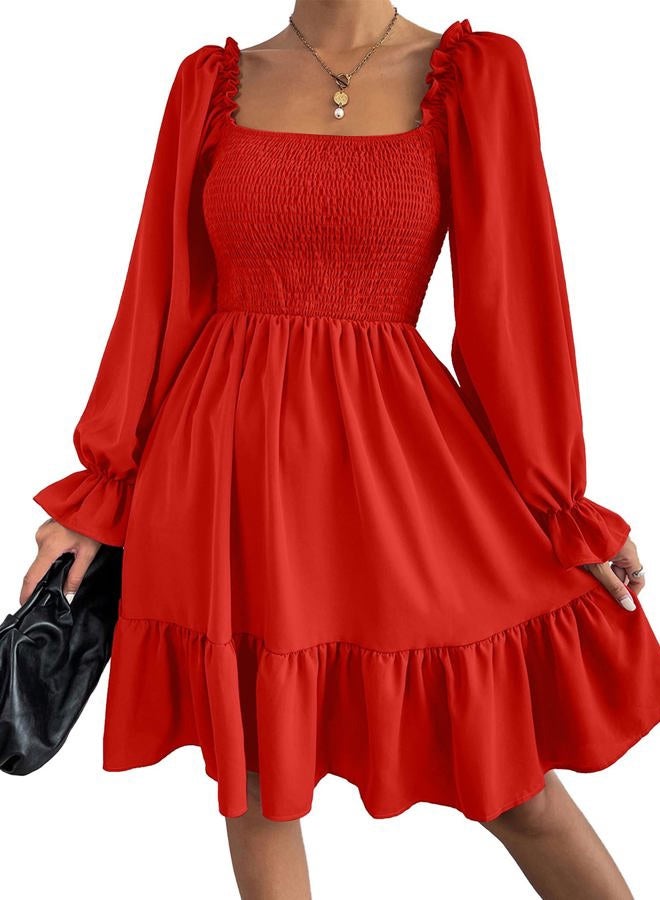 Ekaliy Women's Square Neck Puff Sleeve Dress Smocked Casual A Line Swing Flowy Ruffle Hem Babydoll Mini Dress, Red, S - Image 3