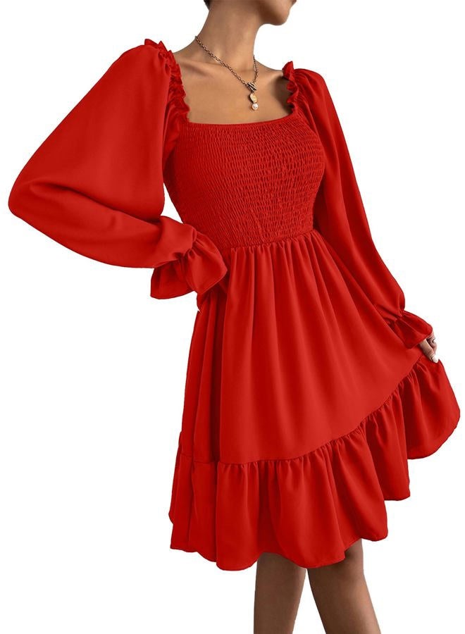 Ekaliy Women's Square Neck Puff Sleeve Dress Smocked Casual A Line Swing Flowy Ruffle Hem Babydoll Mini Dress, Red, S - Image 4