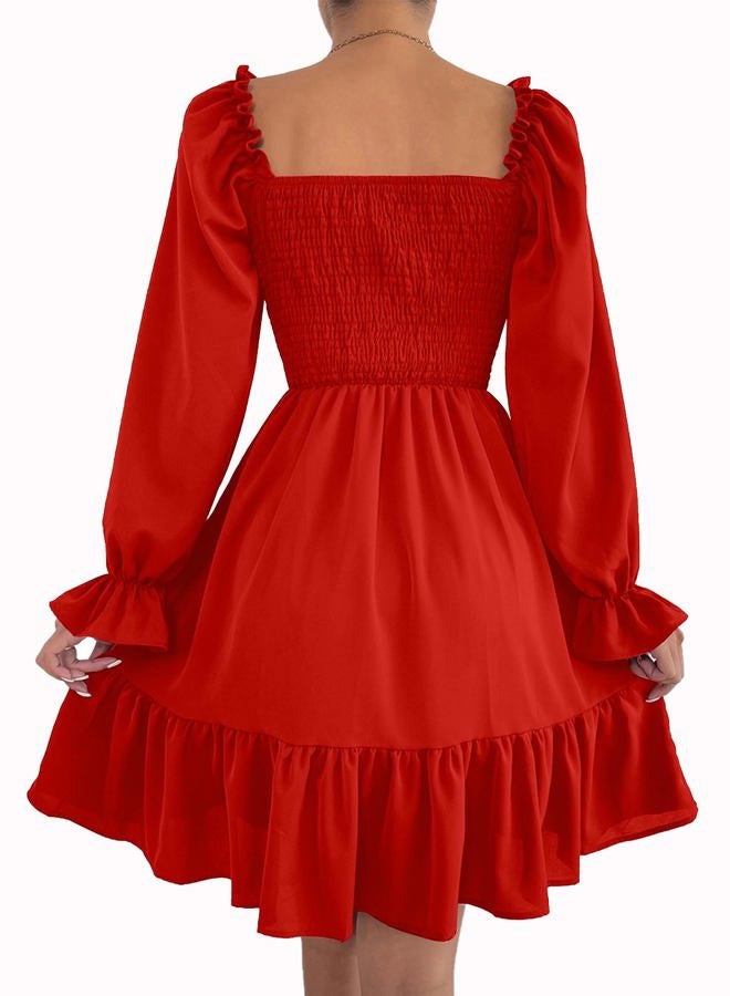 Ekaliy Women's Square Neck Puff Sleeve Dress Smocked Casual A Line Swing Flowy Ruffle Hem Babydoll Mini Dress, Red, S - Image 5