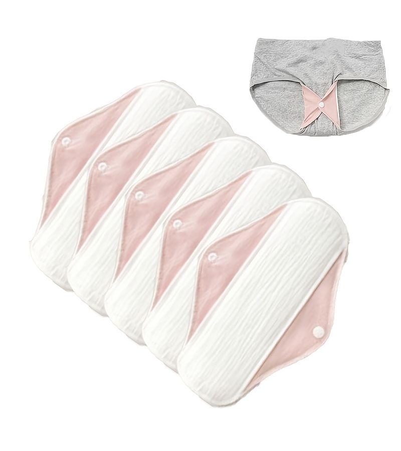 5pcs Pink Cotton Panty Liners Reusable Cloth Pads 13 Layers Washable Sanitary Pads With Snap Button Wings - Image 1
