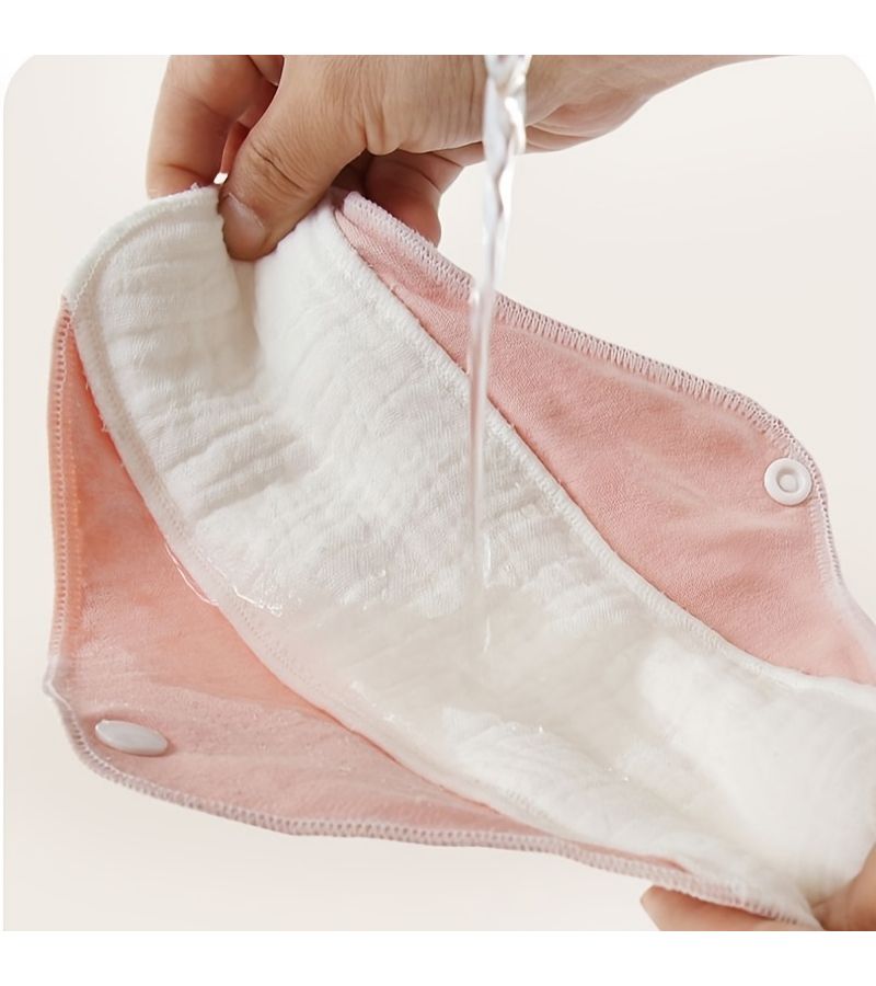 5pcs Pink Cotton Panty Liners Reusable Cloth Pads 13 Layers Washable Sanitary Pads With Snap Button Wings - Image 5