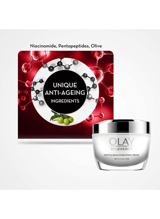 كريم الترطيب المجدد من أولاي ريجينيريست مع عامل حماية من الشمس SPF 15 | بشرة رطبة وممتلئة ونطاطة | مع حمض الهيالورونيك والنياسيناميد والببتيدات | البشرة العادية والدهنية والجافة والمختلطة | 50 جرام - Image 5