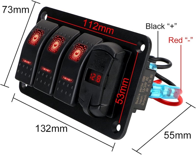 Wivplex 12V-24V 3 Gang Switch Panel with Dual USB Charger - Image 2