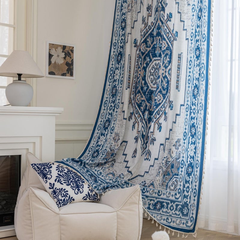 Erbnaryx Popular Handicrafts Printed Curtains for Living Room 84 Inches Long Indian Hippie Bohemian Curtains Rod Pocket Light Filtering 2 Panels, Blue/White - Image 1