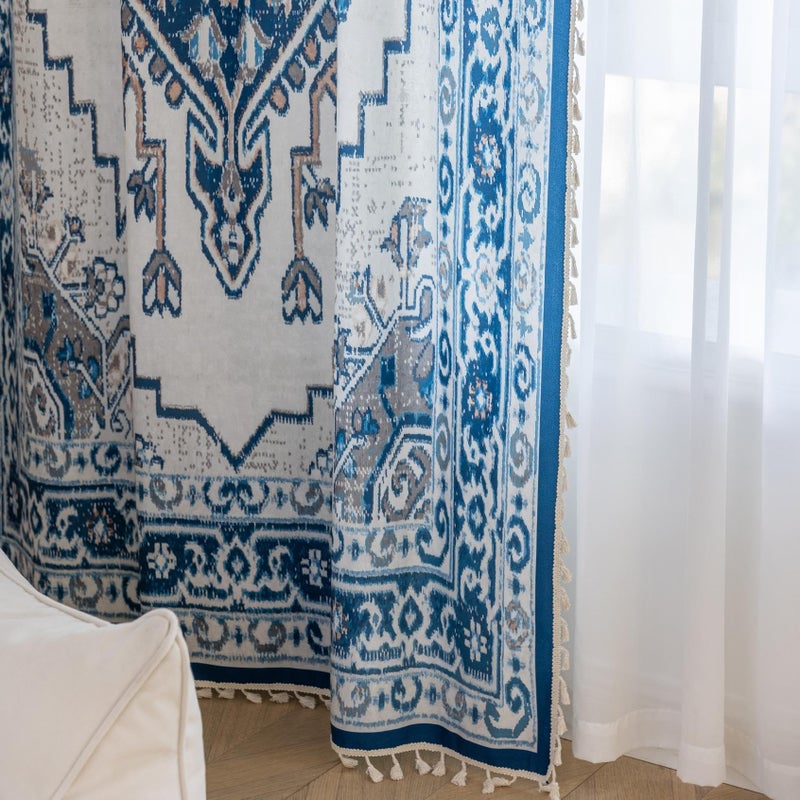 Erbnaryx Popular Handicrafts Printed Curtains for Living Room 84 Inches Long Indian Hippie Bohemian Curtains Rod Pocket Light Filtering 2 Panels, Blue/White - Image 3