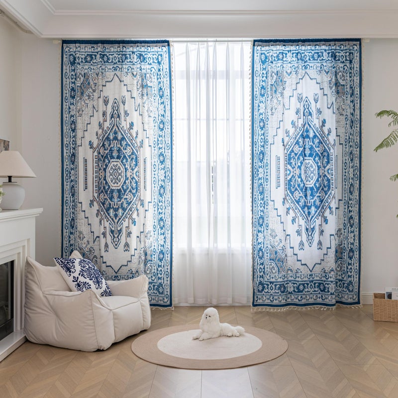 Erbnaryx Popular Handicrafts Printed Curtains for Living Room 84 Inches Long Indian Hippie Bohemian Curtains Rod Pocket Light Filtering 2 Panels, Blue/White - Image 2