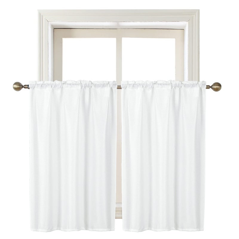 Home Queen White Waffle Bathroom Window Curtains Water Repellent Rod Pocket Kitchen Drapes for Small Window 2 Panels 24 W X 36 L Inch Each