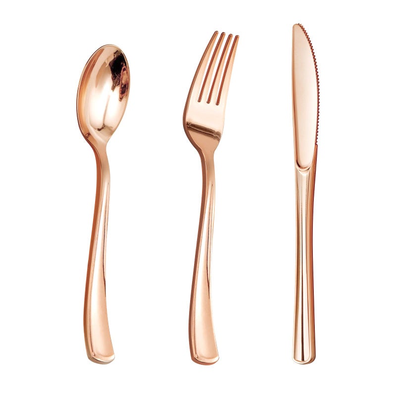 Goodluck 150PCS Rose Gold Plastic Silverware Rose Gold Utensil Disposable Plastic Cutlery Set of 50 Forks 50 Spoons 50 Knives for Wedding Party Valentines