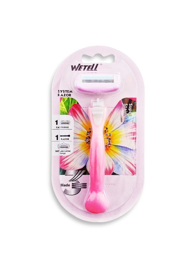 WETELL Women's razor with 3 nano-precision blades and a 360° moisturizing strip, enriched with aloe vera and vitamin E for sensitive skin, a flexible head that fits the contours, and protective rubber fins for a smooth and safe shave without irritation. & Heavy Lather Shaving Cream with Menthol, Extra Moisturizing Formula for Normal Skin, 90ml Bundle - Image 2
