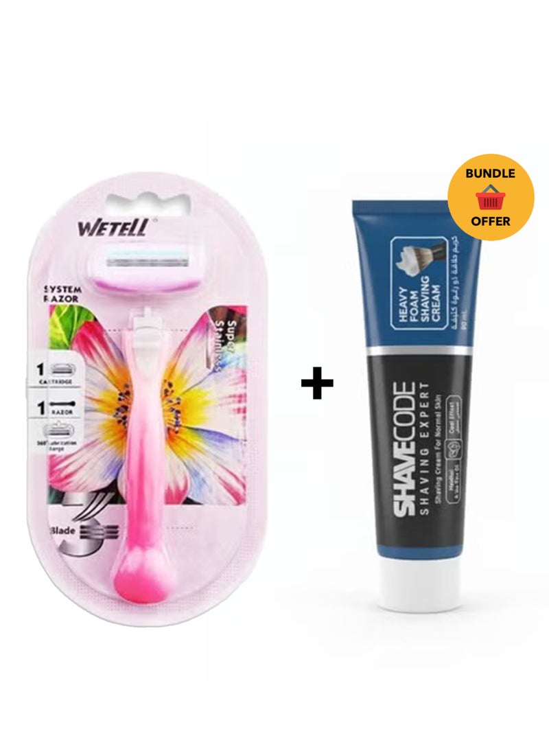 WETELL Women's razor with 3 nano-precision blades and a 360° moisturizing strip, enriched with aloe vera and vitamin E for sensitive skin, a flexible head that fits the contours, and protective rubber fins for a smooth and safe shave without irritation. & Heavy Lather Shaving Cream with Menthol, Extra Moisturizing Formula for Normal Skin, 90ml Bundle - Image 1