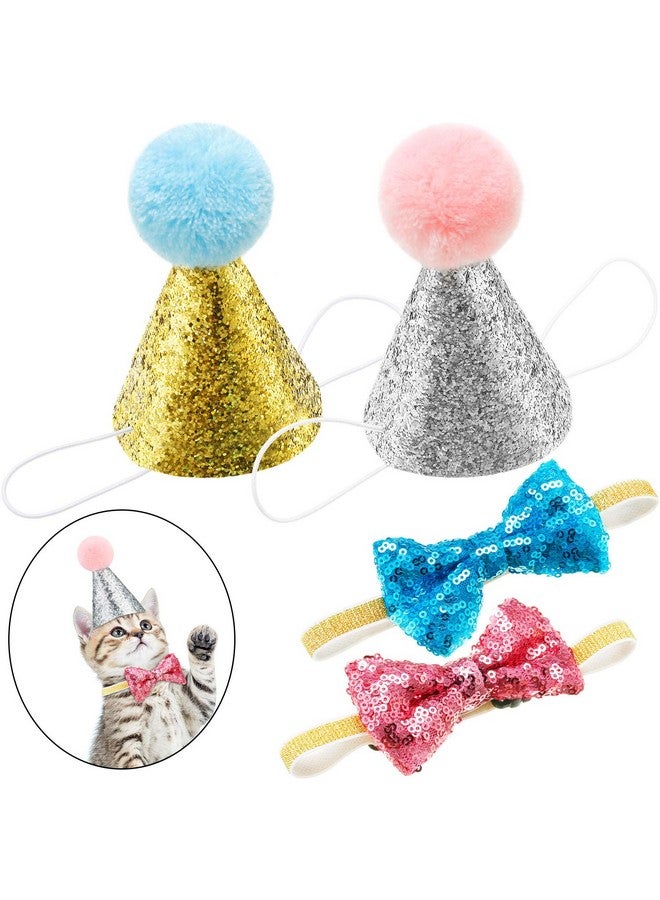Satinior SATINIOR 4 Pieces Cat Birthday Hat Bowtie Small Dog Hat Headband Topper Bowtie Adjustable Cute Puppy Birthday Costume Accessories for Cat Small Medium Pet(Lake Blue and Pink,Style A) - Image 1