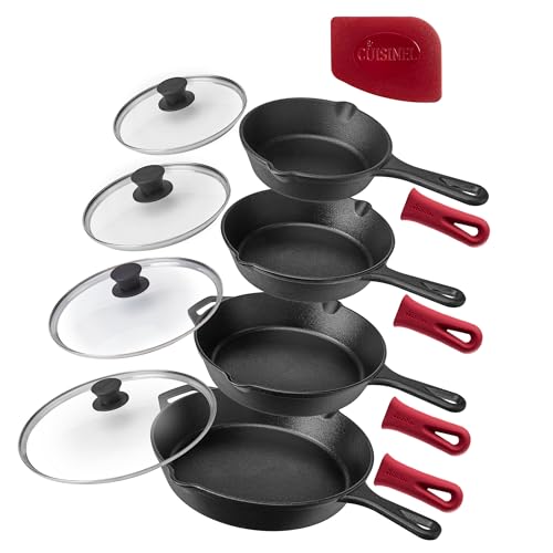 Cuisinel 6"+8"+10+12"-Inch Cast Iron Skillets Set + Glass Lids + Silicone Handle Grips - Pre-Seasoned Frying Pan - Oven Cookware - Use Indoor/Outdoor, Grill, Stovetop, Fire, Camping, Kitchen - Image 1