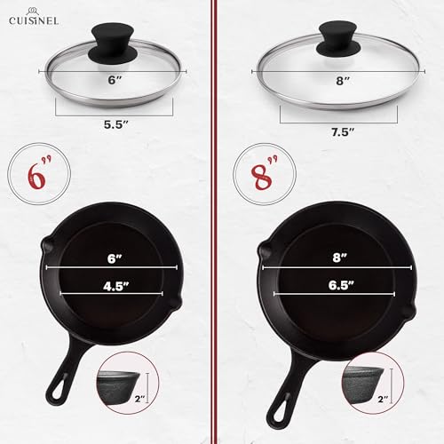 Cuisinel 6"+8"+10+12"-Inch Cast Iron Skillets Set + Glass Lids + Silicone Handle Grips - Pre-Seasoned Frying Pan - Oven Cookware - Use Indoor/Outdoor, Grill, Stovetop, Fire, Camping, Kitchen - Image 2