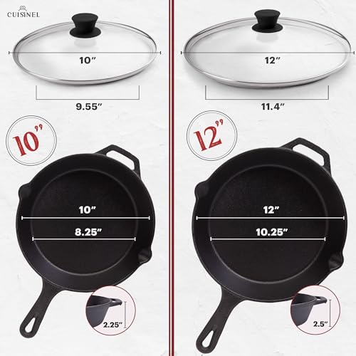 Cuisinel 6"+8"+10+12"-Inch Cast Iron Skillets Set + Glass Lids + Silicone Handle Grips - Pre-Seasoned Frying Pan - Oven Cookware - Use Indoor/Outdoor, Grill, Stovetop, Fire, Camping, Kitchen - Image 3