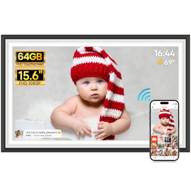 إطار صور رقمي بخاصية WiFi مقاس 15.6 بوصة من Frameo، وشاشة لمس إلكترونية بدقة 1920x1080 FHD IPS، وذاكرة 64 جيجابايت، وتدوير تلقائي، وقابل للتثبيت على الحائط، ومشاركة الصور/مقاطع الفيديو على الفور عبر Frameo من أي مكان - Image 1