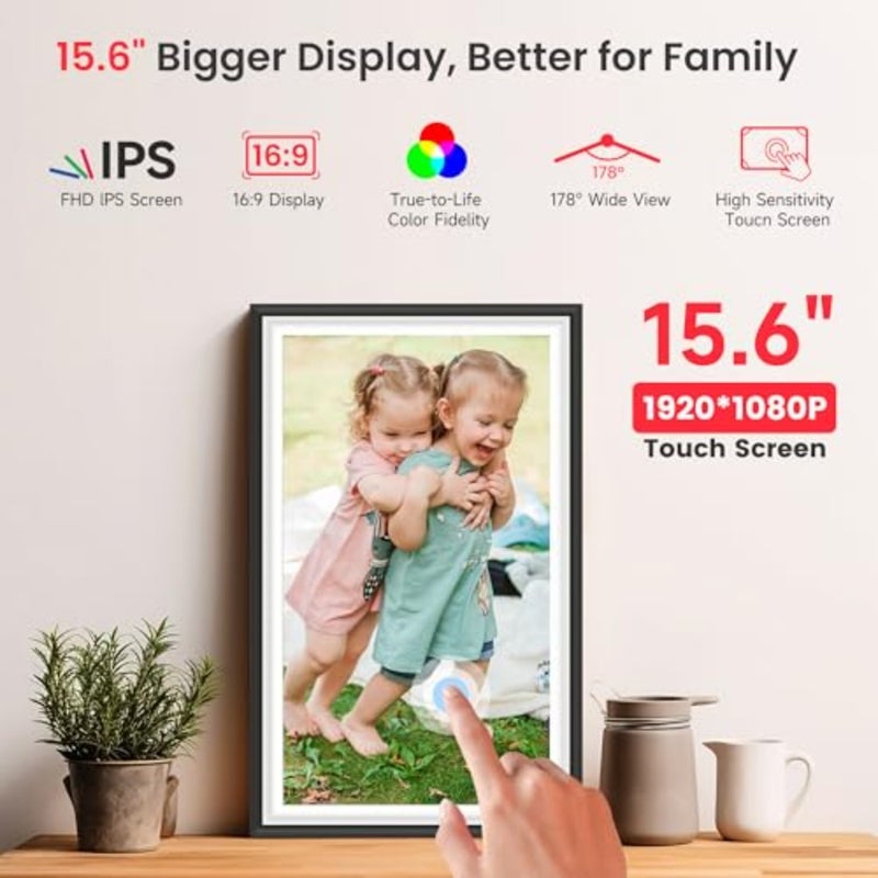 إطار صور رقمي بخاصية WiFi مقاس 15.6 بوصة من Frameo، وشاشة لمس إلكترونية بدقة 1920x1080 FHD IPS، وذاكرة 64 جيجابايت، وتدوير تلقائي، وقابل للتثبيت على الحائط، ومشاركة الصور/مقاطع الفيديو على الفور عبر Frameo من أي مكان - Image 4
