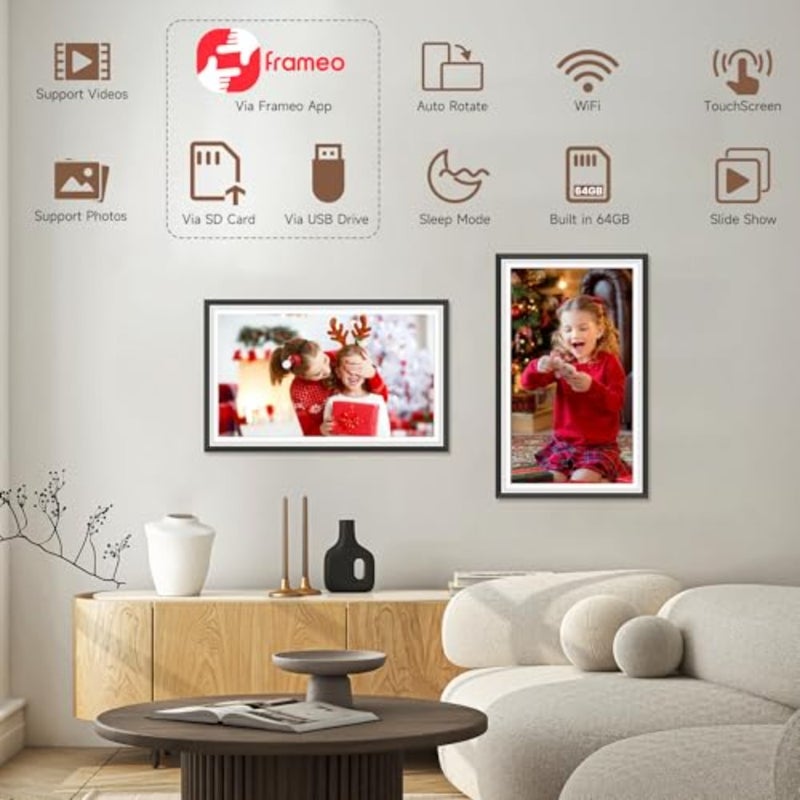 إطار صور رقمي بخاصية WiFi مقاس 15.6 بوصة من Frameo، وشاشة لمس إلكترونية بدقة 1920x1080 FHD IPS، وذاكرة 64 جيجابايت، وتدوير تلقائي، وقابل للتثبيت على الحائط، ومشاركة الصور/مقاطع الفيديو على الفور عبر Frameo من أي مكان - Image 2