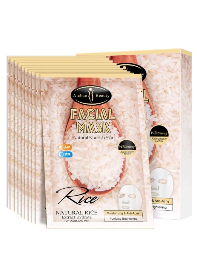 Aichun beauty 10Pcs Rice Facial Mask Moisturizing Anti Acne Purifying Refine Wrinkles Natural Rice Extract Hydrate Facial Mask Nourishing Natural Glow Rice Face Mask Sheet - Image 1