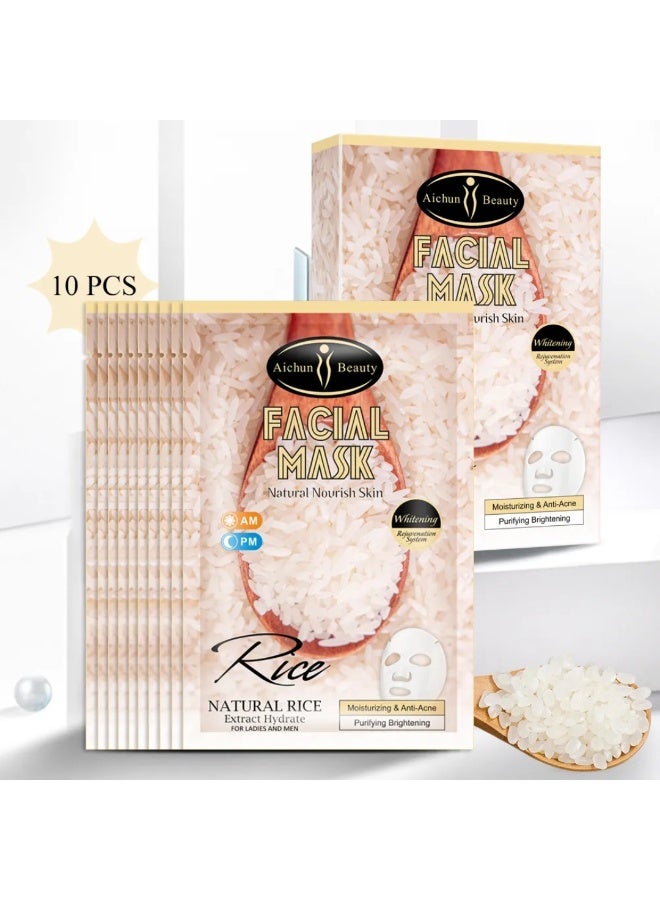 Aichun beauty 10Pcs Rice Facial Mask Moisturizing Anti Acne Purifying Refine Wrinkles Natural Rice Extract Hydrate Facial Mask Nourishing Natural Glow Rice Face Mask Sheet - Image 4