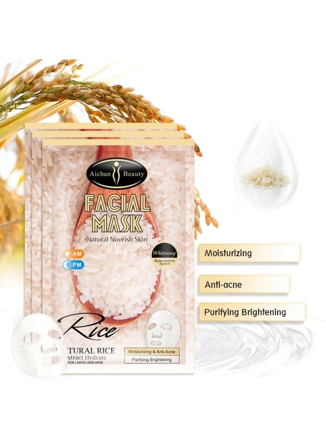 Aichun beauty 10Pcs Rice Facial Mask Moisturizing Anti Acne Purifying Refine Wrinkles Natural Rice Extract Hydrate Facial Mask Nourishing Natural Glow Rice Face Mask Sheet - Image 2