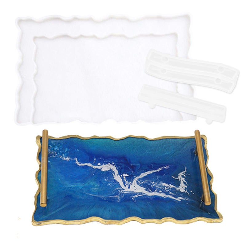 2PCS Silicone Large Tray Mold with Handles Resin Mold Set Irregular Coasters Plates Epoxy Resin Casting Mould DIY Handles Practical Resin Craft Supplies Home Decor Ideal Gift Mold2 Tray2 Handle