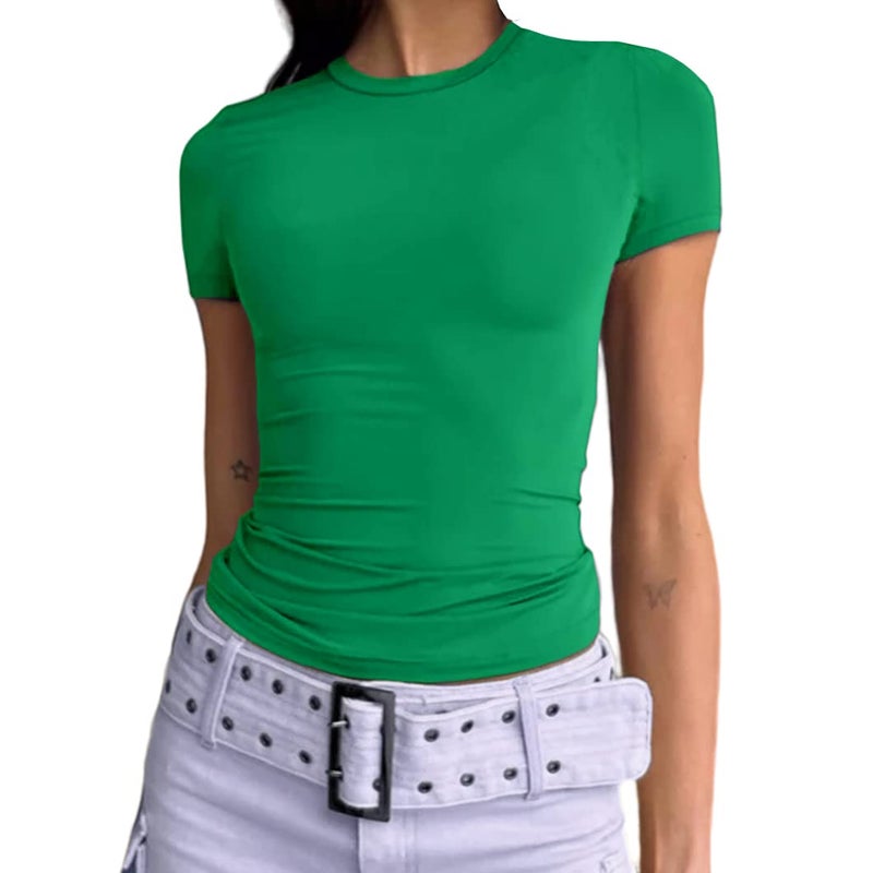 Dwnval Womens Classic Short Sleeve Summer TOS Crew Neck Slim Fit Crop T Shirt(Green, S) - Image 1