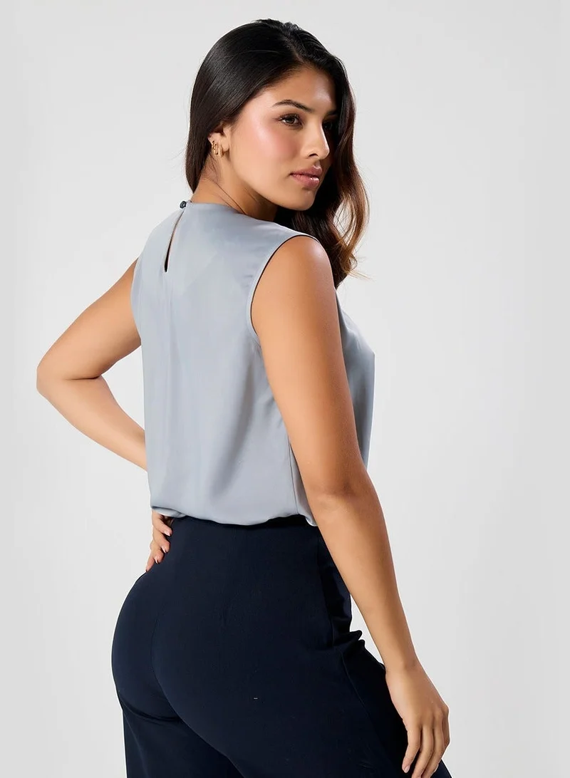 Zigzag Round Neck Extended Sleeve Satin Top-Grey