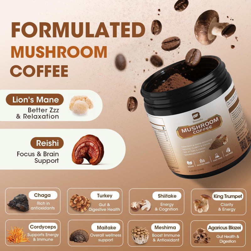 B BEWORTHS Mushroom Coffee - Lions Mane Mushroom Powder Instant Coffee with Lion's Mane, Reishi, Chaga, Cordyceps, and Turkey Tail - Mushroom Coffe Alternative for Energy, Mental Clarity & Focus, Brain Booster - Image 2