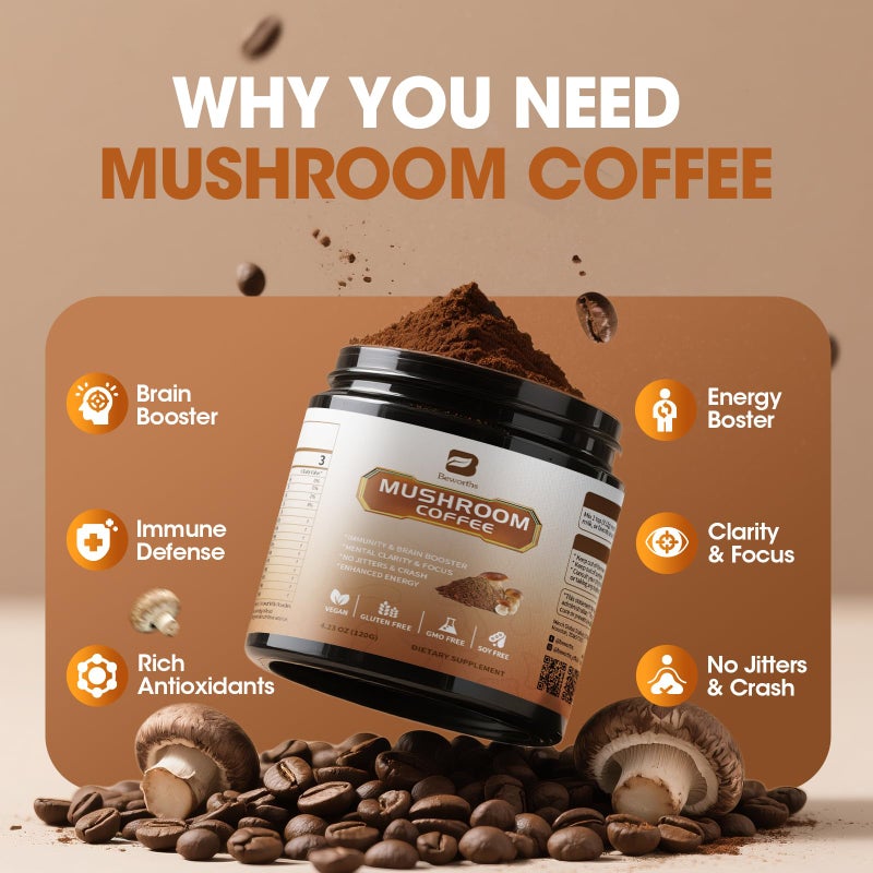 B BEWORTHS Mushroom Coffee - Lions Mane Mushroom Powder Instant Coffee with Lion's Mane, Reishi, Chaga, Cordyceps, and Turkey Tail - Mushroom Coffe Alternative for Energy, Mental Clarity & Focus, Brain Booster - Image 3