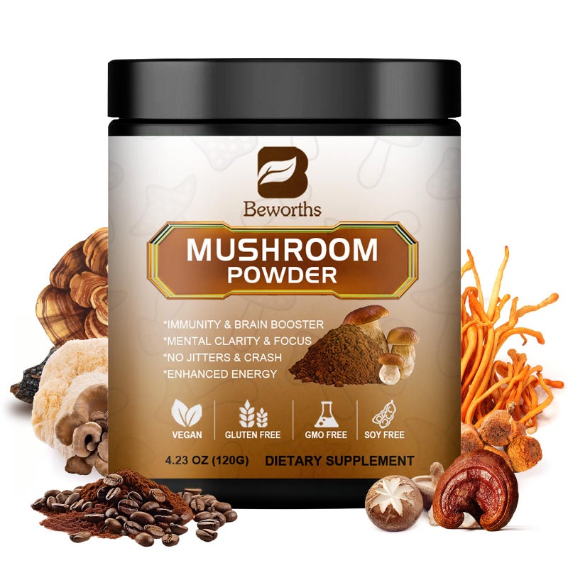 B BEWORTHS Mushroom Coffee - Lions Mane Mushroom Powder Instant Coffee with Lion's Mane, Reishi, Chaga, Cordyceps, and Turkey Tail - Mushroom Coffe Alternative for Energy, Mental Clarity & Focus, Brain Booster - Image 1