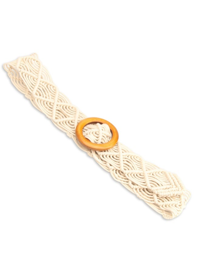 Wax rope woven belt Hand woven hollow belt women's wood buckle belt decorative skirt belt（Beige） - Image 1