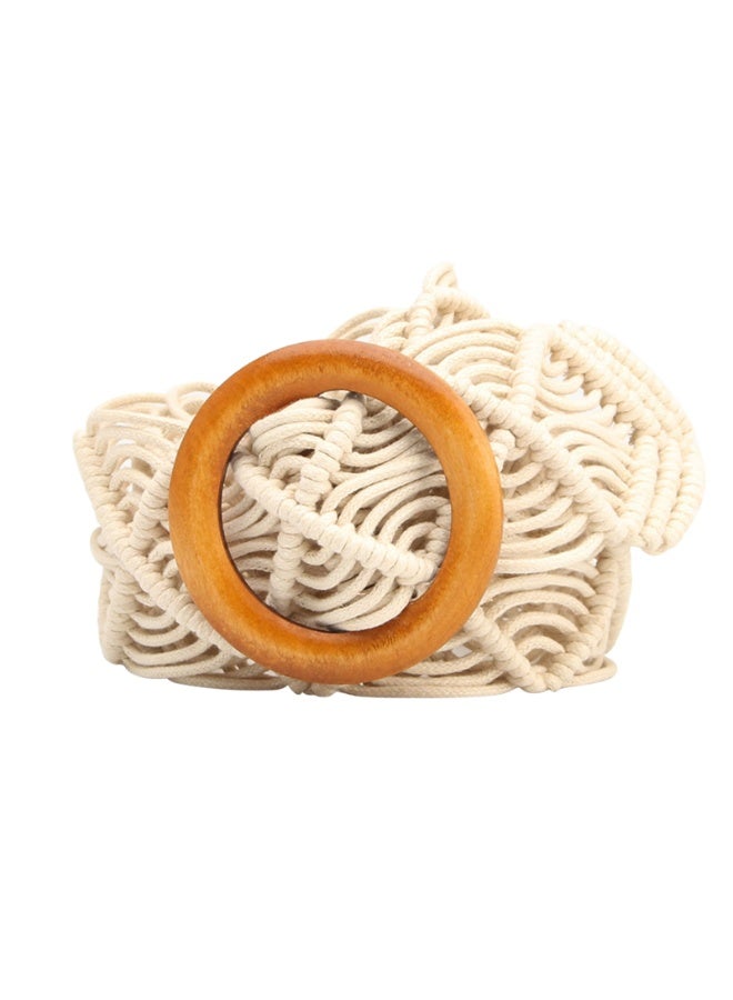 Wax rope woven belt Hand woven hollow belt women's wood buckle belt decorative skirt belt（Beige） - Image 2