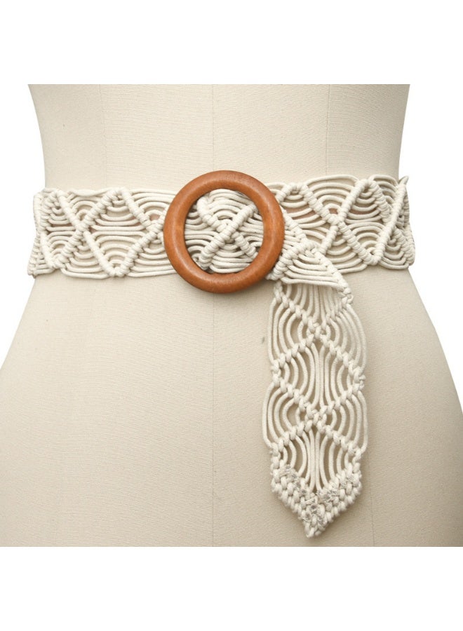 Wax rope woven belt Hand woven hollow belt women's wood buckle belt decorative skirt belt（Beige） - Image 4