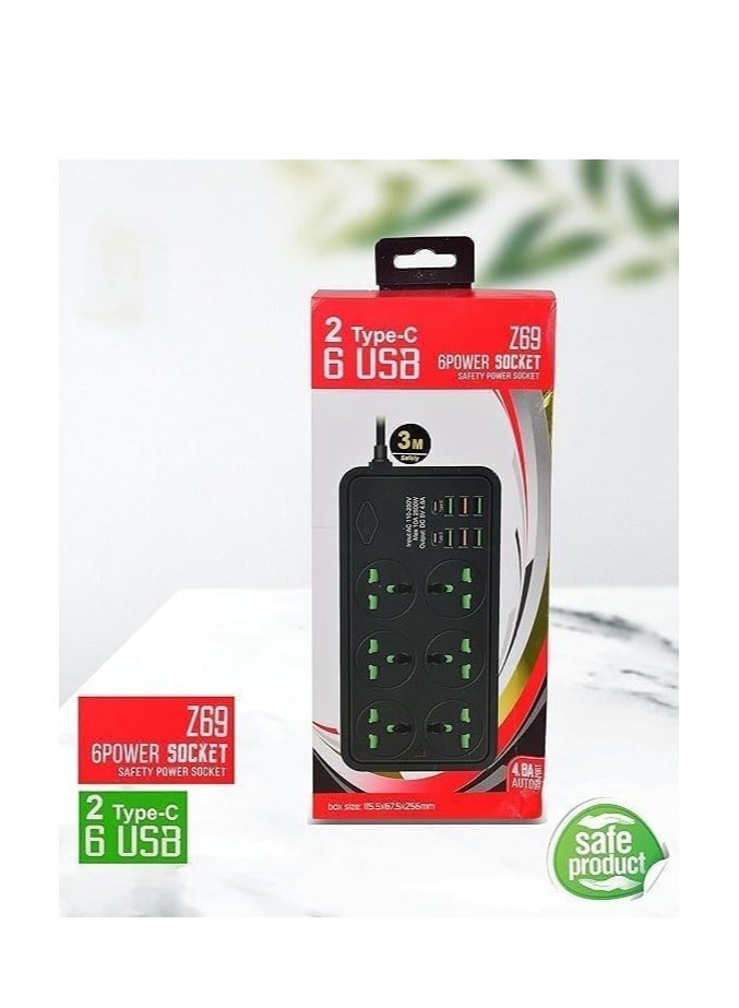 6 USB Socket 6-Way Power Strip Comes with a generous 3-meter extension cable - Image 1