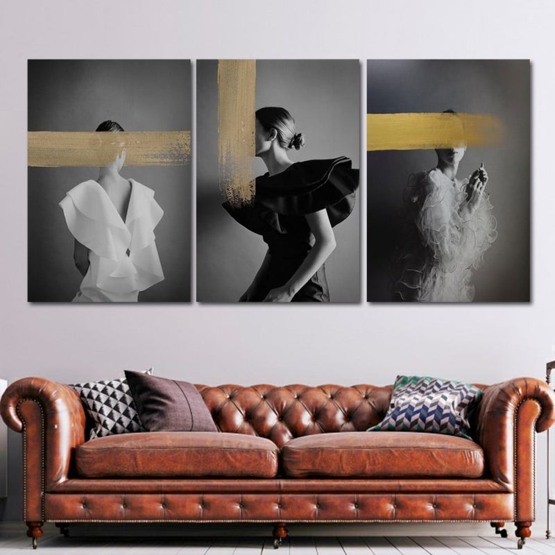 Marktna Three canvas prints featuring a woman's design, with a hollow frame, measuring (150×70), three pieces. - Image 1