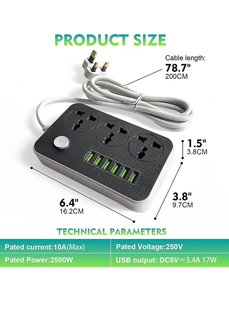 MONOGUE Power Strips Extension Cord 3 Outlets Power Socket with 6 USB Ports Universal Charging Socket with 2M Bold Extension Cord - Image 2