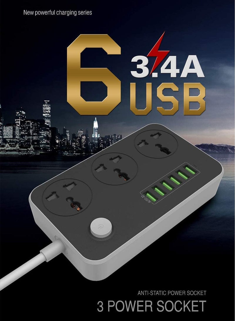 MONOGUE Power Strips Extension Cord 3 Outlets Power Socket with 6 USB Ports Universal Charging Socket with 2M Bold Extension Cord - Image 3