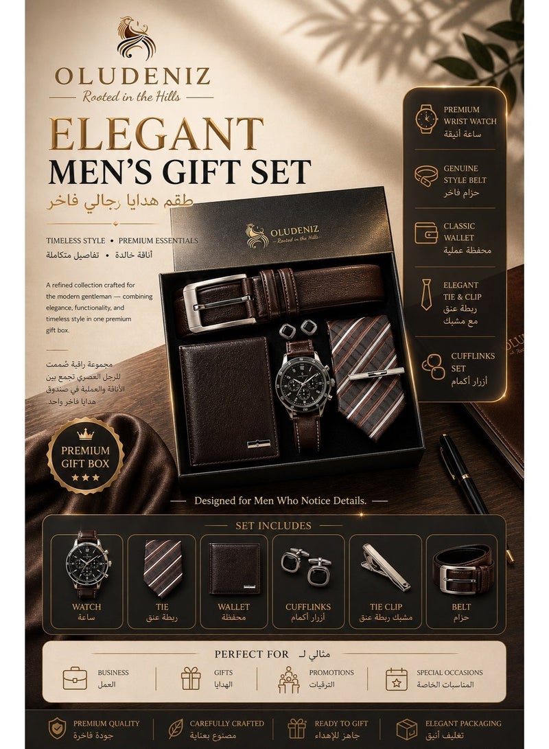 OLUDENIZ 🕴️ Elegant 6-Piece Men’s Business Gift Set – Brown Leather Watch, Belt, Wallet, Tie, Cufflinks & Tie Clip - Image 1
