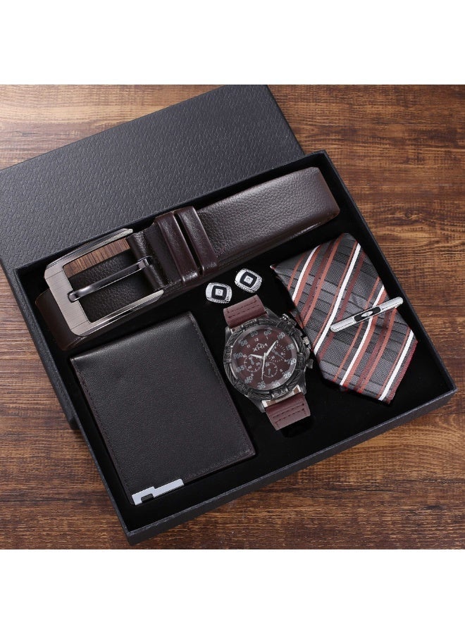 OLUDENIZ 🕴️ Elegant 6-Piece Men’s Business Gift Set – Brown Leather Watch, Belt, Wallet, Tie, Cufflinks & Tie Clip - Image 2
