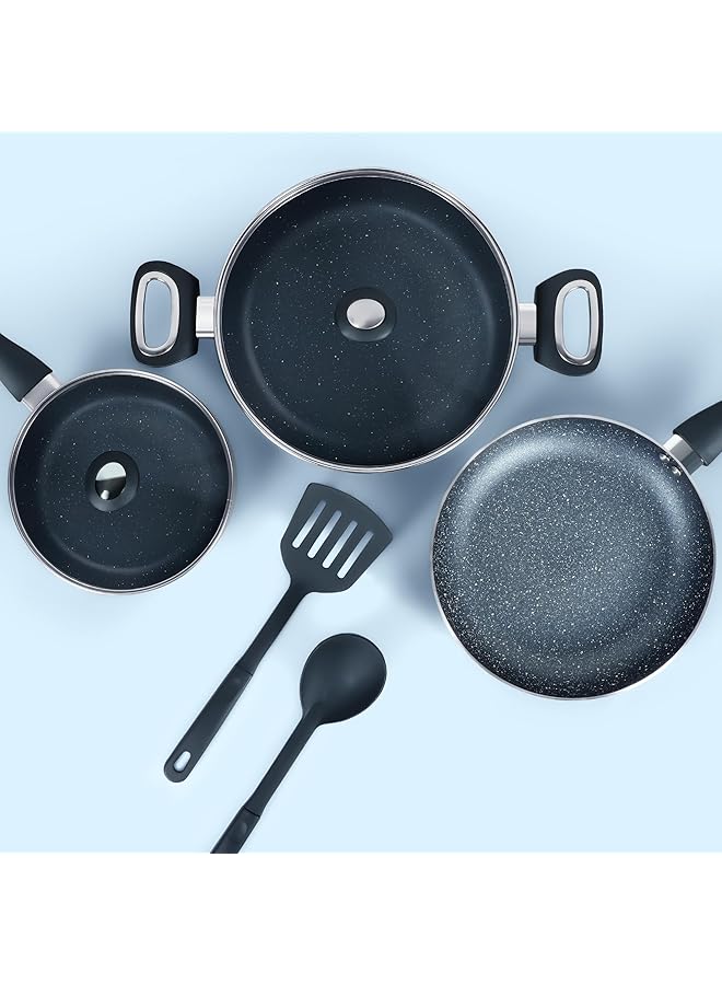 إمبكس طقم أواني طهي من الألومنيوم، 7 قطع، سطح جرانيت غير لاصق، غطاء زجاجي مقوى، مقلاة، قدر مع غطاء، قدر حليب مع غطاء، ملعقتان، ضمان لمدة عام NCB 7104 - Image 4