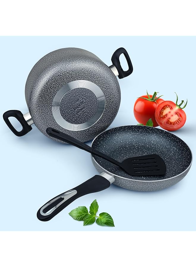 إمبكس طقم أواني طهي من الألومنيوم، 7 قطع، سطح جرانيت غير لاصق، غطاء زجاجي مقوى، مقلاة، قدر مع غطاء، قدر حليب مع غطاء، ملعقتان، ضمان لمدة عام NCB 7104 - Image 3