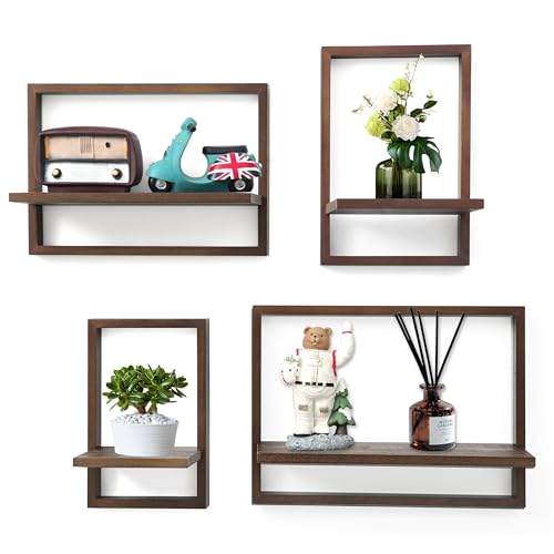 PHOENANCEE Square Floating ShelvesFramed Wall Shelf Decorative Set of 4Modern Plants Hanging Display Art Decor Storage for Livingroom Bedroom Bathroom FarmhouseHome Light WoodRustic Walnut - Image 1