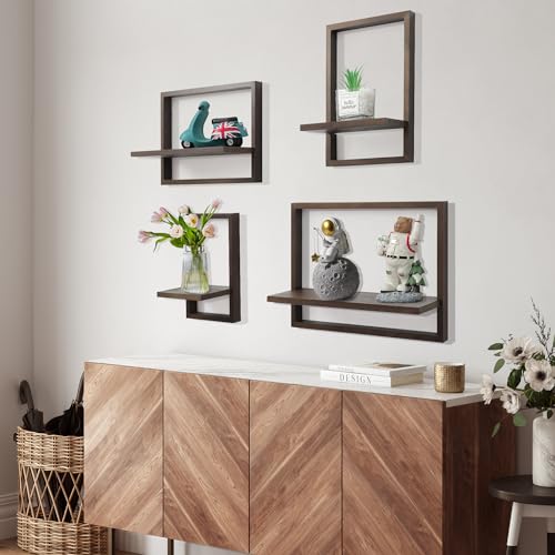 PHOENANCEE Square Floating ShelvesFramed Wall Shelf Decorative Set of 4Modern Plants Hanging Display Art Decor Storage for Livingroom Bedroom Bathroom FarmhouseHome Light WoodRustic Walnut - Image 3