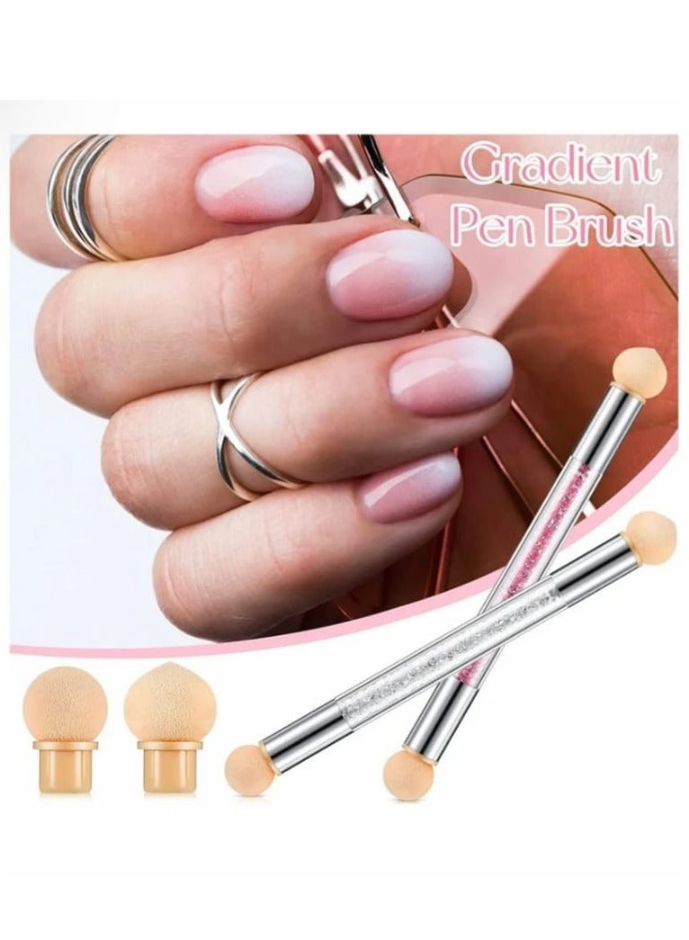 NIBEMINENT Nail Art Brushes, Double Head Sponge Tool, Gradient Brush, Rhinestone Handle Acrylic Painting with 16 Pieces Replacement for Manicure, 4 (Pink, White) - Image 1
