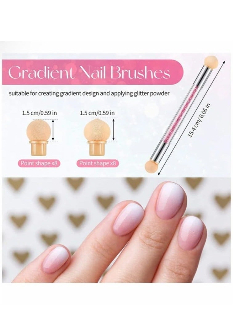NIBEMINENT Nail Art Brushes, Double Head Sponge Tool, Gradient Brush, Rhinestone Handle Acrylic Painting with 16 Pieces Replacement for Manicure, 4 (Pink, White) - Image 2