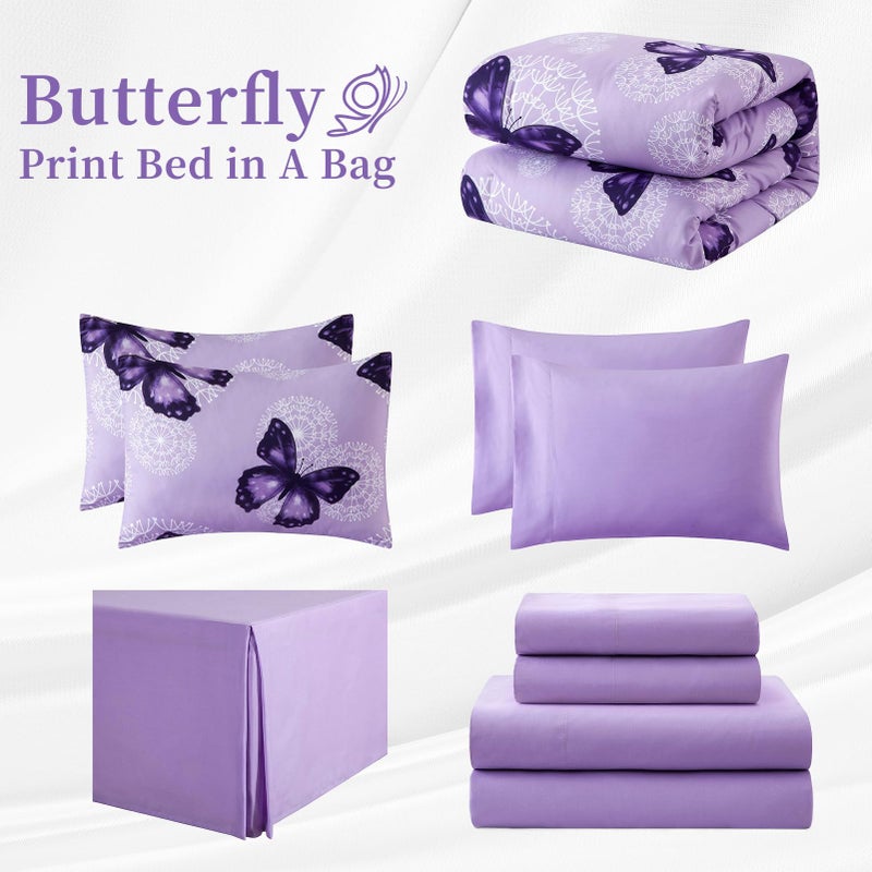 ARTALL Bed in A Bag Full/Queen Size 8 Pieces, Purple Butterfly All Season Bedding Comforter Bed Set with Pillow Shams, Flat Sheet, Fitted Sheet, Bed Skirt, Pillowcases - Image 5