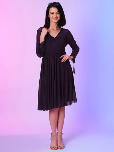 جلو باص Women Purple V-Neck Gathered Net Fit & Flare Front Wrap Dress With Inner