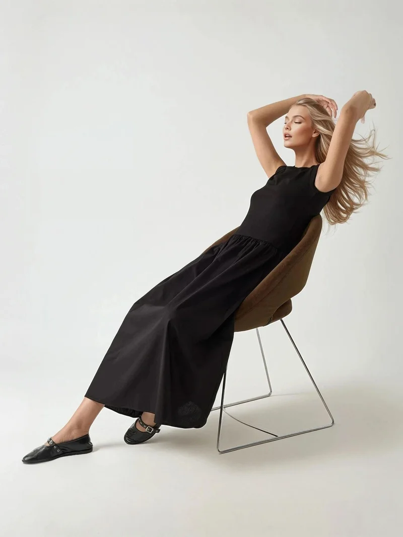 HICCUP Black Boat Neck A-Form Fit Maxi Dress for Women | Best Price UAE